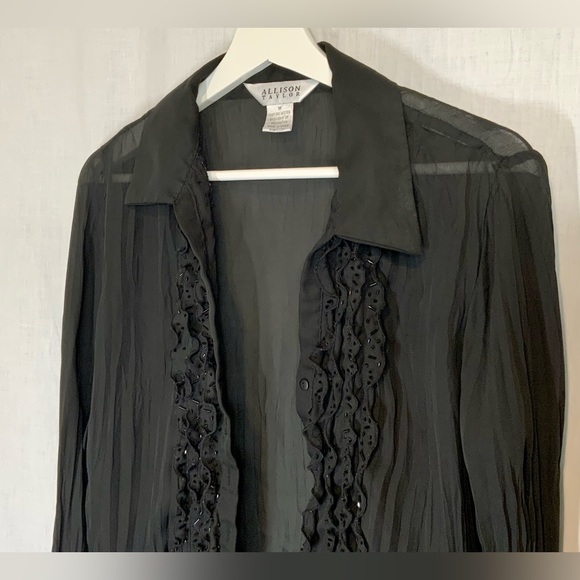 ALLISON TAYLOR - STUNNING Sheer Blouse RUFFLES LACE Button-down Sz M - BLACK - Picture 3 of 10